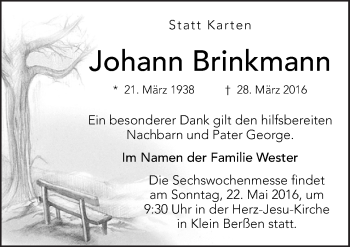 Traueranzeige von Johann Brinkmann von Neue Osnabrücker Zeitung GmbH & Co. KG