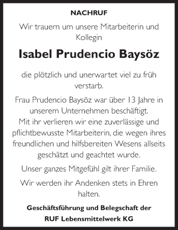 Traueranzeige von Isabel Prudencio Baysöz von Neue Osnabrücker Zeitung GmbH & Co. KG