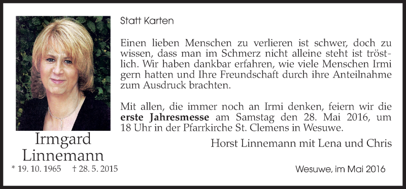  Traueranzeige für Irmgard Linnemann vom 25.05.2016 aus Neue Osnabrücker Zeitung GmbH & Co. KG