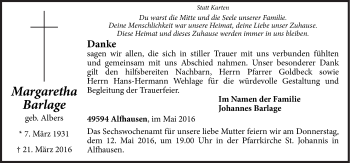 Traueranzeige von Margaretha Barlage von Neue Osnabrücker Zeitung GmbH & Co. KG