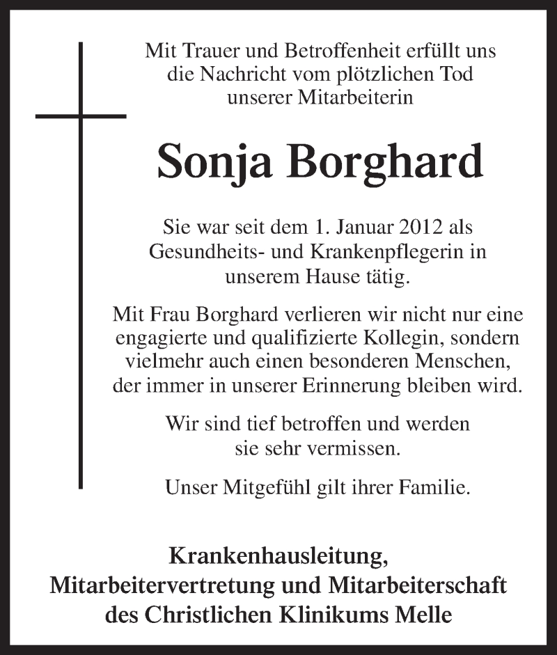  Traueranzeige für Sonja Borghard vom 25.05.2016 aus Neue Osnabrücker Zeitung GmbH & Co. KG