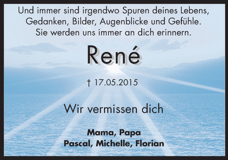  Traueranzeige für Rene Katzorreck vom 17.05.2016 aus Neue Osnabrücker Zeitung GmbH & Co. KG