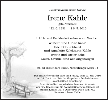 Traueranzeige von Irene Kahle von Neue Osnabrücker Zeitung GmbH & Co. KG