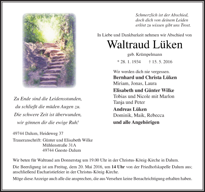  Traueranzeige für Waltraud Lüken vom 18.05.2016 aus Neue Osnabrücker Zeitung GmbH & Co. KG