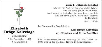 Traueranzeige von Elisabeth Dröge-Kalvelage von Neue Osnabrücker Zeitung GmbH & Co. KG