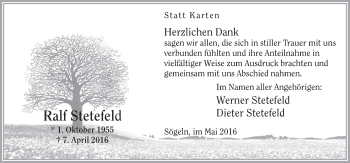 Traueranzeige von Ralf Stetefeld von Neue Osnabrücker Zeitung GmbH & Co. KG