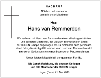 Traueranzeige von Hans van Remmerden von Neue Osnabrücker Zeitung GmbH & Co. KG