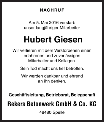 Traueranzeige von Hubert Giesen von Neue Osnabrücker Zeitung GmbH & Co. KG