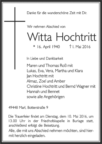 Traueranzeige von Witta Hochtritt von Neue Osnabrücker Zeitung GmbH & Co. KG