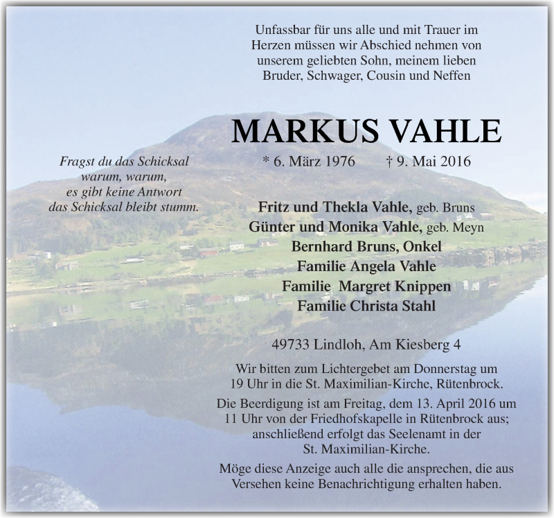  Traueranzeige für Markus Vahle vom 12.05.2016 aus Neue Osnabrücker Zeitung GmbH & Co. KG