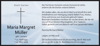 Traueranzeige von Maria Margret Müller von Neue Osnabrücker Zeitung GmbH & Co. KG