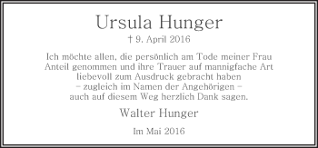 Traueranzeige von Ursula Hunger von Neue Osnabrücker Zeitung GmbH & Co. KG