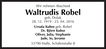 Traueranzeige von Waltrudis Robel von Neue Osnabrücker Zeitung GmbH & Co. KG