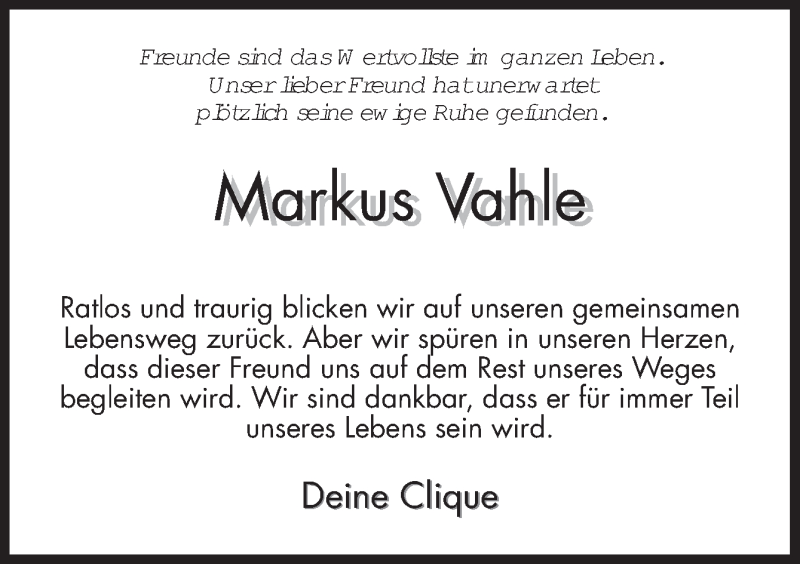  Traueranzeige für Markus Vahle vom 12.05.2016 aus Neue Osnabrücker Zeitung GmbH & Co. KG