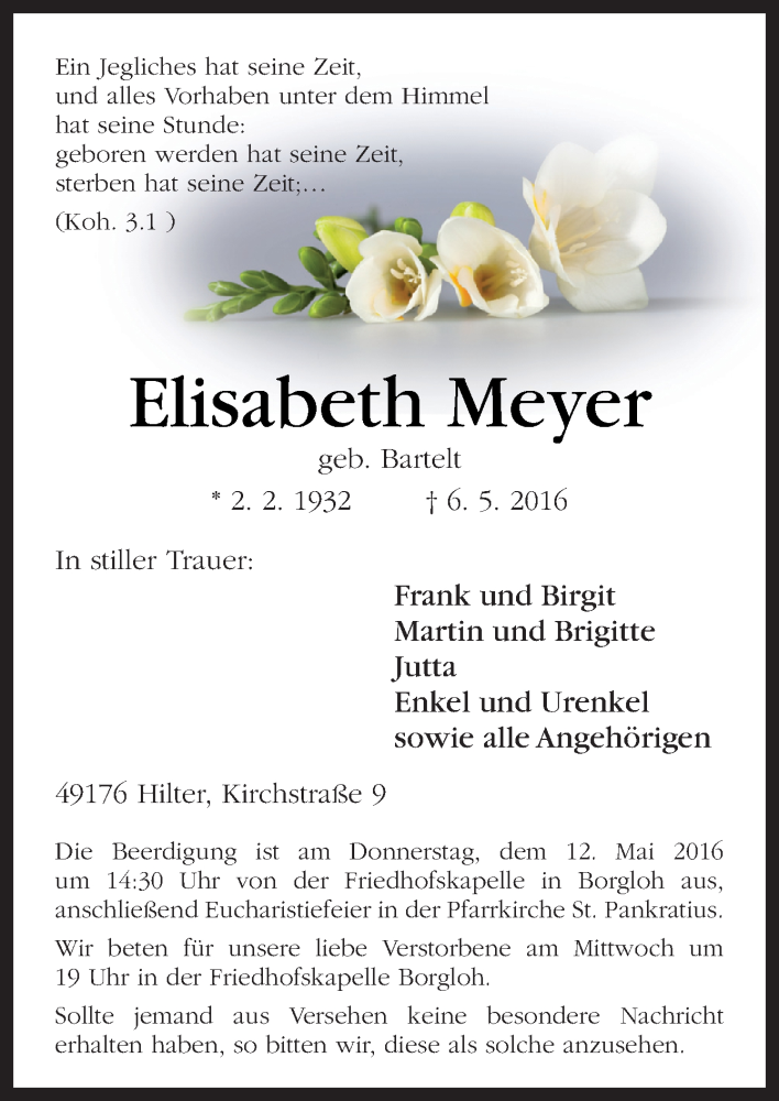  Traueranzeige für Elisabeth Meyer vom 10.05.2016 aus Neue Osnabrücker Zeitung GmbH & Co. KG