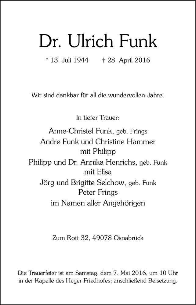  Traueranzeige für Ulrich Funk vom 03.05.2016 aus Neue Osnabrücker Zeitung GmbH & Co. KG