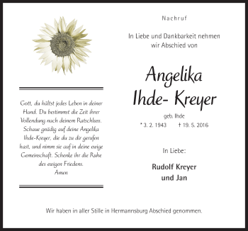 Traueranzeige von Angelika Ihde-Kreyer von Neue Osnabrücker Zeitung GmbH & Co. KG