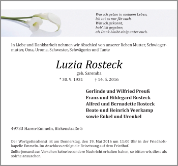 Traueranzeige von Luzia Rosteck von Neue Osnabrücker Zeitung GmbH & Co. KG