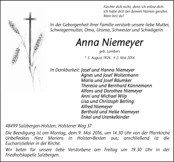 Traueranzeige von Anna Niemeyer von Neue Osnabrücker Zeitung GmbH & Co. KG