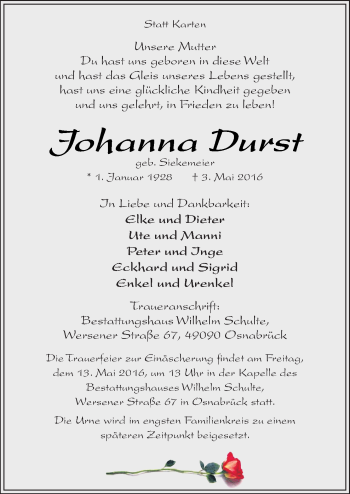 Traueranzeige von Johanna Durst von Neue Osnabrücker Zeitung GmbH & Co. KG