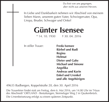 Traueranzeige von Günter Isensee von Neue Osnabrücker Zeitung GmbH & Co. KG