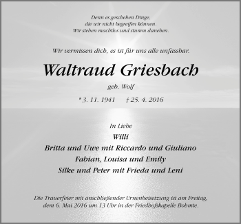 Traueranzeige von Waltraud Griesbach von Neue Osnabrücker Zeitung GmbH & Co. KG