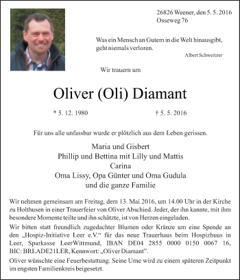 Traueranzeige von Oliver Diamant von Neue Osnabrücker Zeitung GmbH & Co. KG