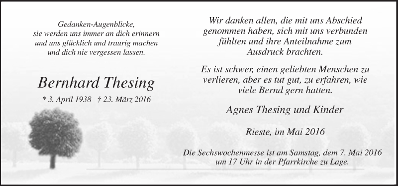  Traueranzeige für Bernhard Thesing vom 04.05.2016 aus Neue Osnabrücker Zeitung GmbH & Co. KG