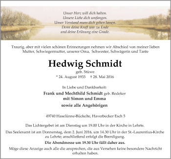 Traueranzeige von Hedwig Schmidt von Neue Osnabrücker Zeitung GmbH & Co. KG