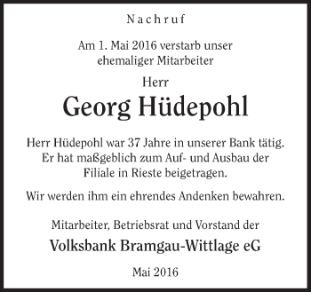 Traueranzeige von Georg Hüdepohl von Neue Osnabrücker Zeitung GmbH & Co. KG