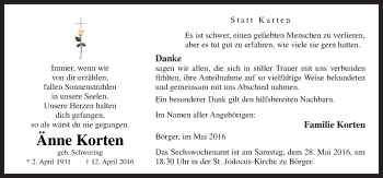 Traueranzeige von Änne Korten von Neue Osnabrücker Zeitung GmbH & Co. KG