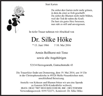 Traueranzeige von Silke Höke von Neue Osnabrücker Zeitung GmbH & Co. KG