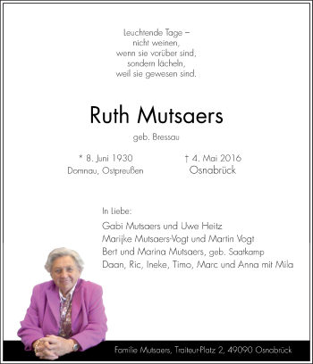 Traueranzeige von Ruth Mutsaers von Neue Osnabrücker Zeitung GmbH & Co. KG