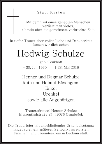 Traueranzeige von Hedwig Schulze von Neue Osnabrücker Zeitung GmbH & Co. KG