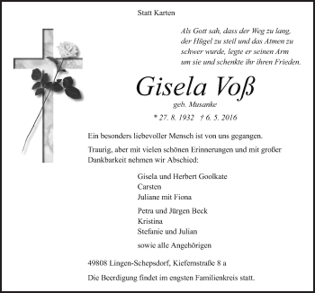 Traueranzeige von Gisela Voß von Neue Osnabrücker Zeitung GmbH & Co. KG