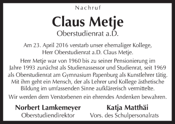 Traueranzeige von Claus Metje von Neue Osnabrücker Zeitung GmbH & Co. KG