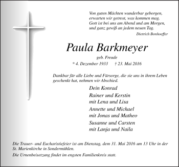 Traueranzeige von Paula Barkmeyer von Neue Osnabrücker Zeitung GmbH & Co. KG