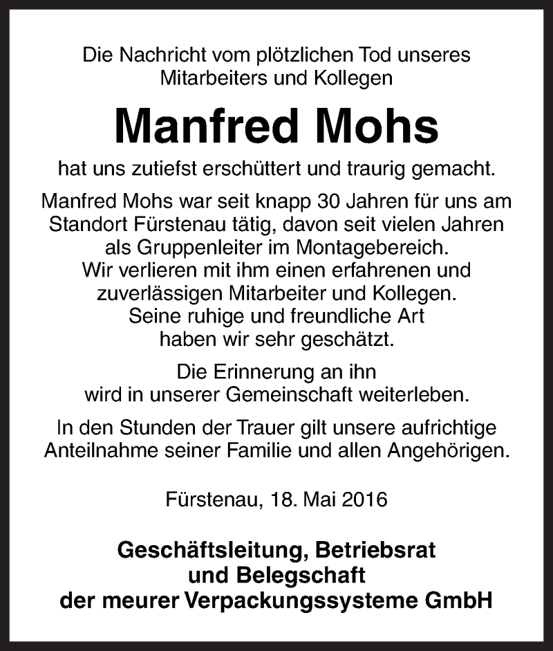  Traueranzeige für Manfred Mohs vom 21.05.2016 aus Neue Osnabrücker Zeitung GmbH & Co. KG