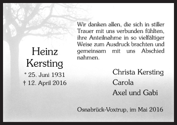 Traueranzeige von Heinz Kersting von Neue Osnabrücker Zeitung GmbH & Co. KG