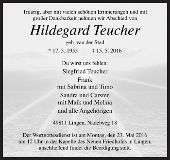 Traueranzeige von Hildegard Teucher von Neue Osnabrücker Zeitung GmbH & Co. KG