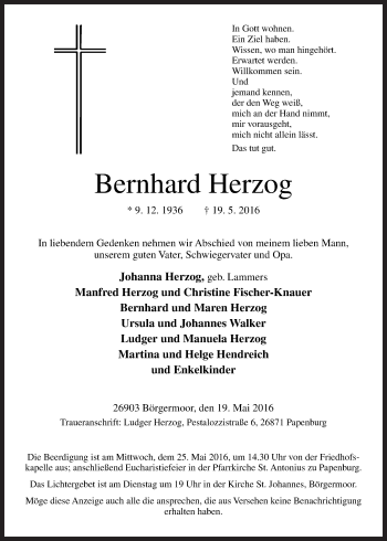 Traueranzeige von Bernhard Herzog von Neue Osnabrücker Zeitung GmbH & Co. KG