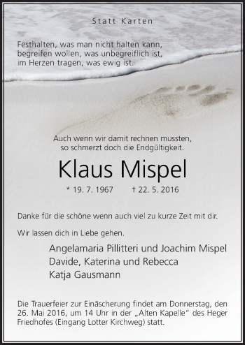 Traueranzeige von Klaus Mispel von Neue Osnabrücker Zeitung GmbH & Co. KG