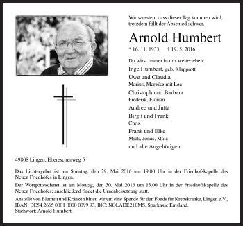 Traueranzeige von Arnold Humbert von Neue Osnabrücker Zeitung GmbH & Co. KG