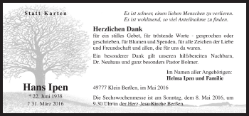 Traueranzeige von Hans Ipen von Neue Osnabrücker Zeitung GmbH & Co. KG