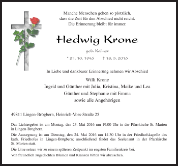 Traueranzeige von Hedwig Krone von Neue Osnabrücker Zeitung GmbH & Co. KG