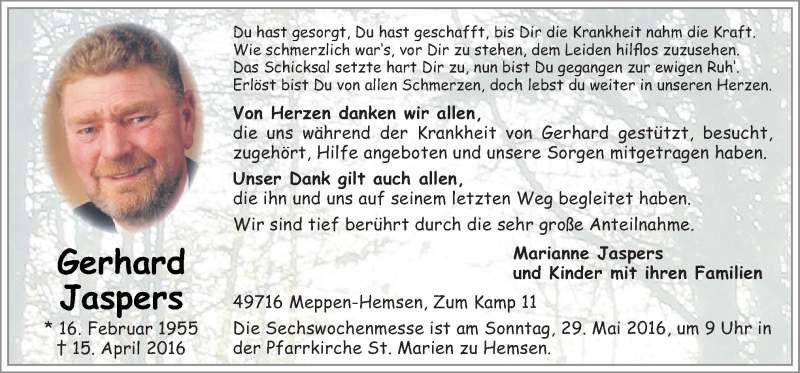  Traueranzeige für Gerhard Jaspers vom 25.05.2016 aus Neue Osnabrücker Zeitung GmbH & Co. KG