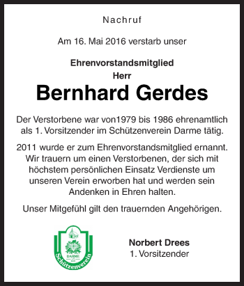 Traueranzeige von Bernhard Gerdes von Neue Osnabrücker Zeitung GmbH & Co. KG