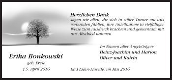 Traueranzeige von Erika Bonkowski von Neue Osnabrücker Zeitung GmbH & Co. KG