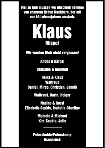 Traueranzeige von Klaus Mispel von Neue Osnabrücker Zeitung GmbH & Co. KG