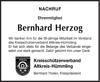 Traueranzeige von Bernhard Herzog von Neue Osnabrücker Zeitung GmbH & Co. KG